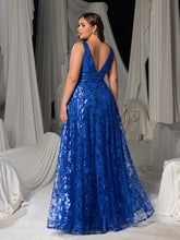 Plus Plunging Meck Backless Floral Sequin Prom Dress